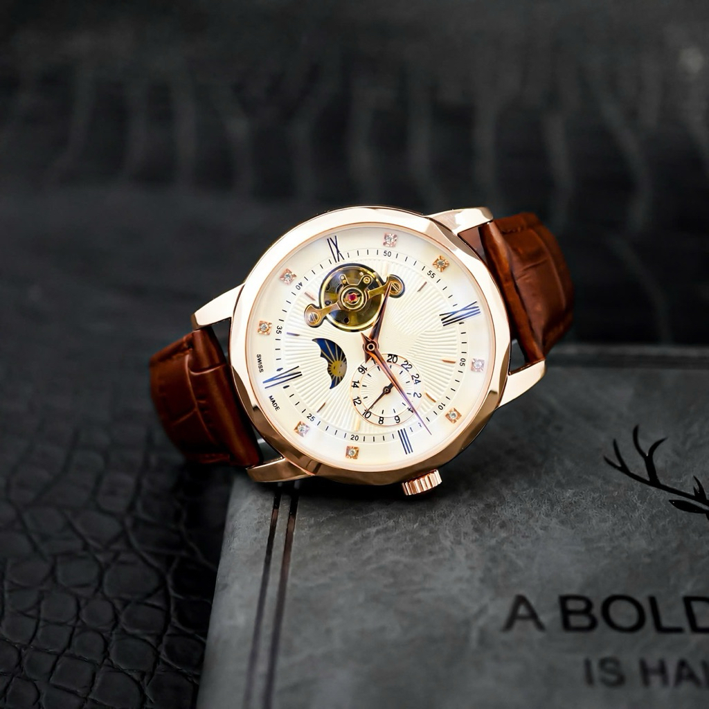 Đồng Hồ Nam Rolexx Cơ CR292 Mặt Lộ Cơ Dây Da Size 42mm