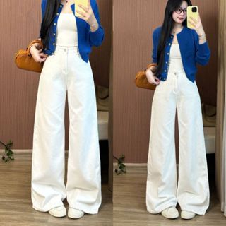  Quần Jeans Trơn Maia Quần Bò Suông Ống Rộng Cạp Cao Loe Nhẹ Tôn Dáng Hai Màu Trắng Be Dài 103cm 