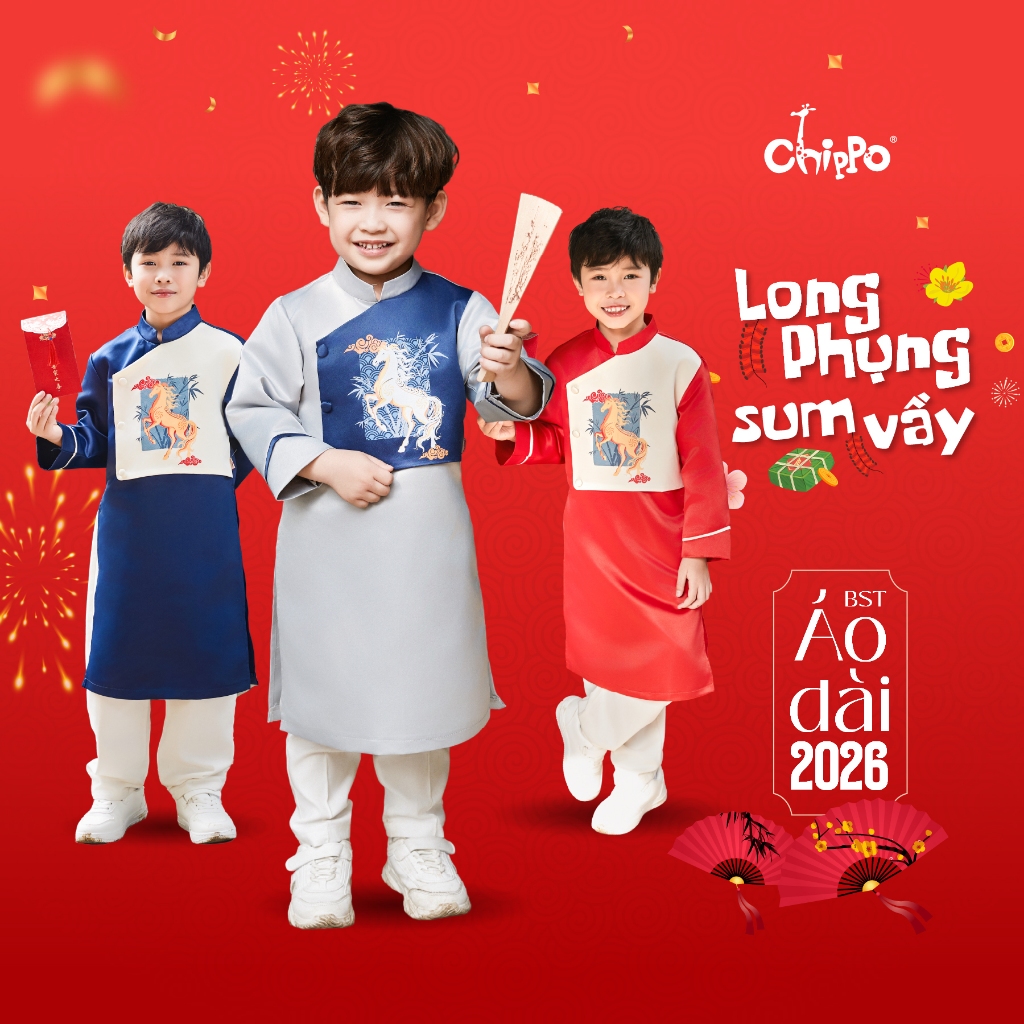 Áo dài cách tân bé trai Chippo in Trúc mã cho bé từ 2 tuổi đến 11 tuổi(12-35Kg) AD Trúc Mã