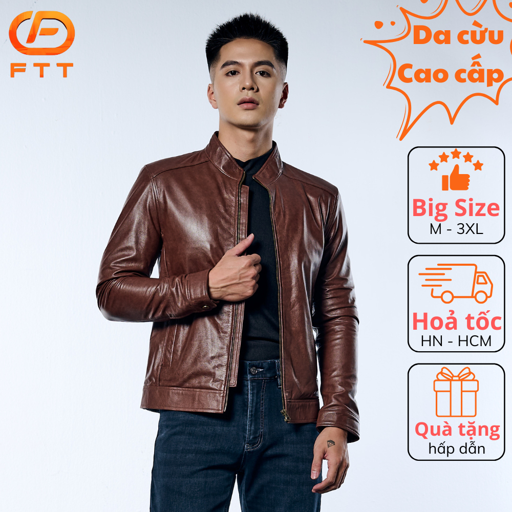 Áo khoác da bò nâu loang Racer Jacket trơn đơn giản FTT Leather da thật bền bỉ không bong, tróc AD20