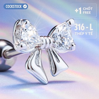  Khuyên tai nơ tim đá lấp lánh mini thép y tế an toàn COCKSTOCK Mini Cutie Two-Heart Ribbon 