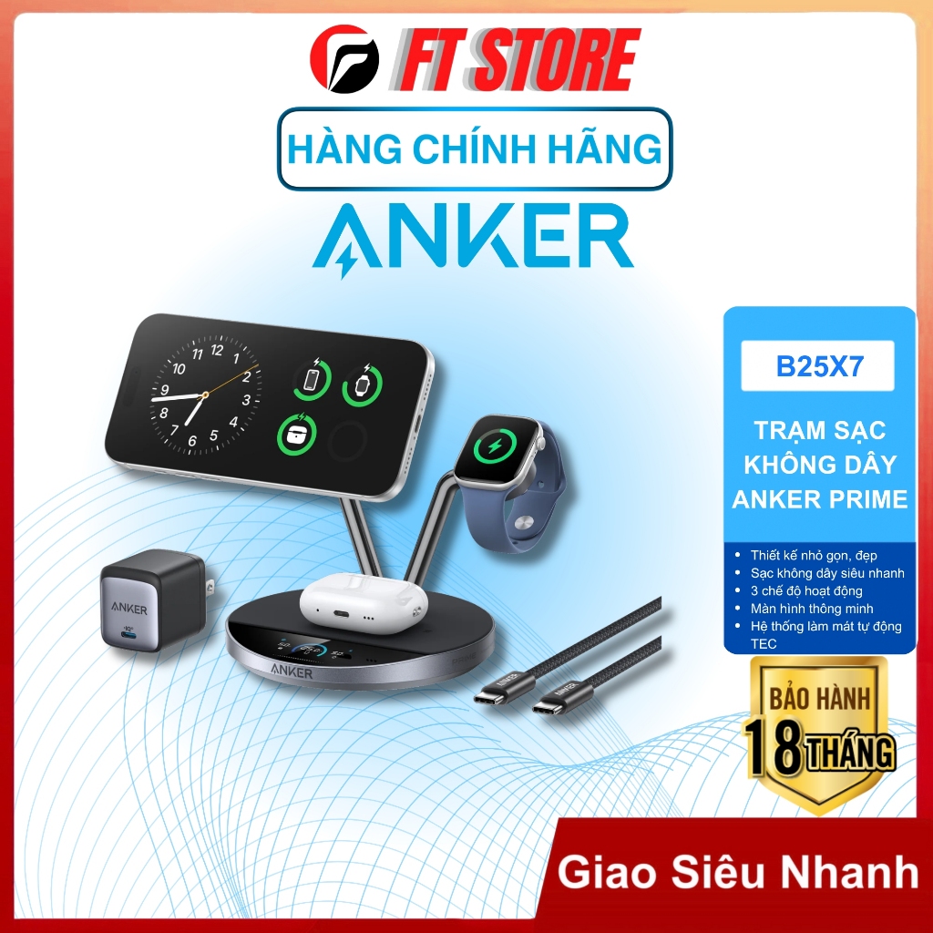 Đế Sạc Không Dây Anker Prime Maggo A25X7 3in1 Aircool Sạc Nhanh 25W, Đế Điều Chỉnh 80° Linh Hoạt