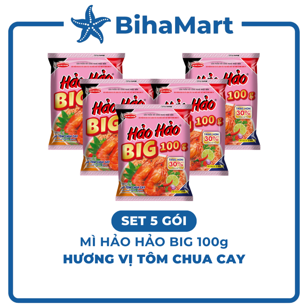 [SET 5 GÓI] - ACECOOK - Mì Hảo Hảo Big 100g Tôm Chua Cay, Mì Big 100 Hảo Hảo Tôm chua cay, Mì Hảo Hả