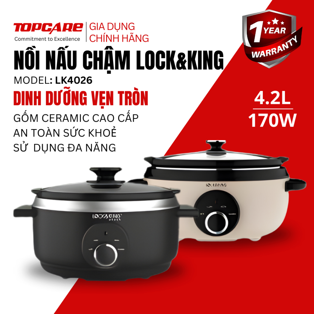 Nồi nấu chậm Lock&King LK-4026 dung tích 4L gốm Ceramic hầm cháo soup kho thịt tiện lợi