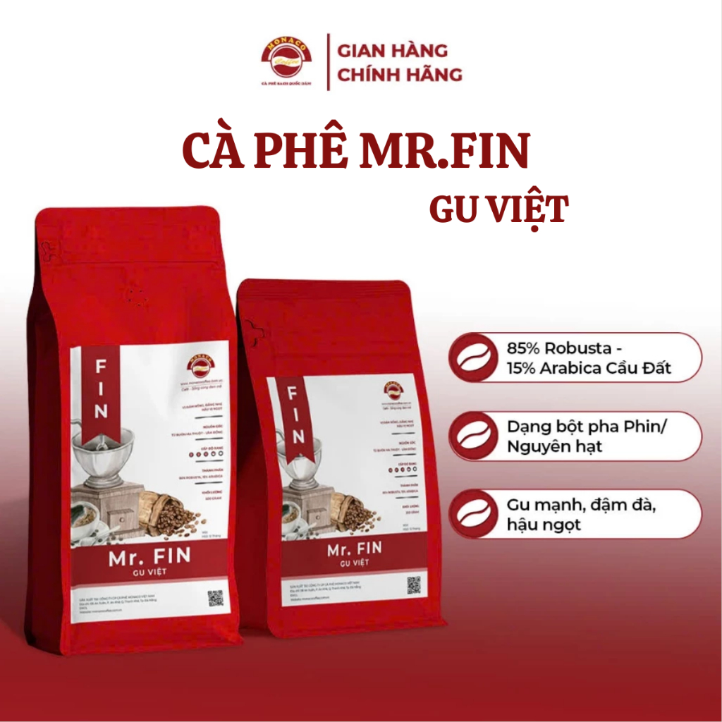 Cà Phê Mr Fin Gu Việt - Nguyên Chất Đậm Đà, Đắng Nhẹ, Thơm Dịu Pha Phin - Monaco Coffee