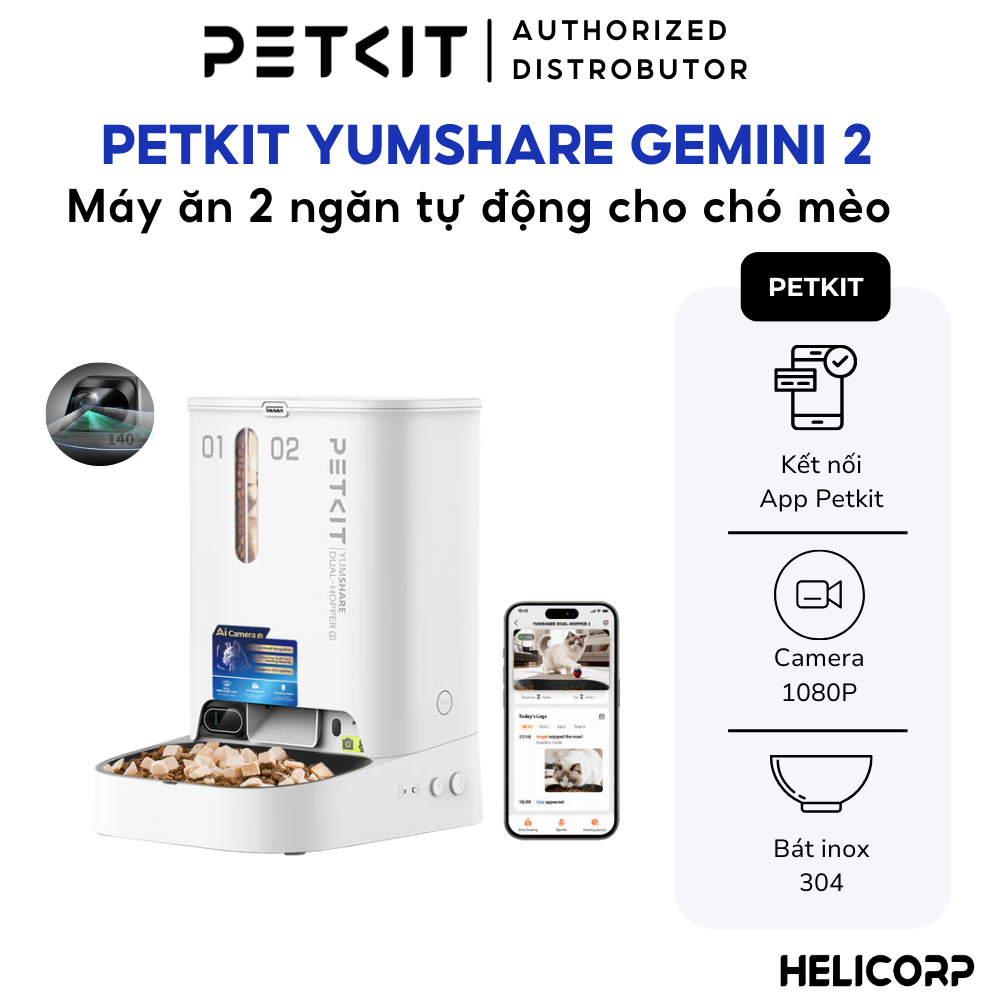 Máy Cho Chó Mèo Ăn Tự Động Có Camera Petkit YumShare Gemini 2 - 2 Ngăn, 5L - HeLiCorp