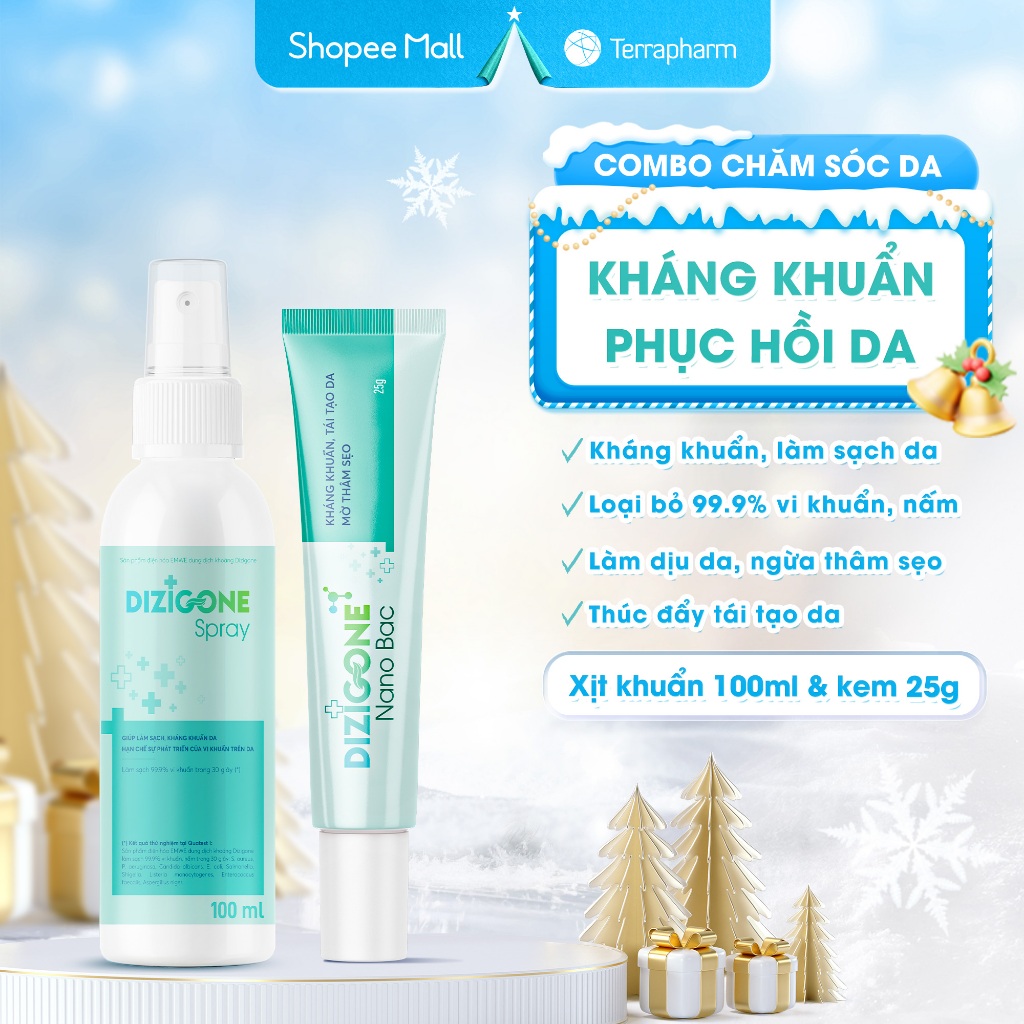 [COMBO] Xịt kháng khuẩn DIZIGONE Spray 100ml & Kem DIZIGONE Nano Bạc 25g: Kháng khuẩn, phục hồi da, 