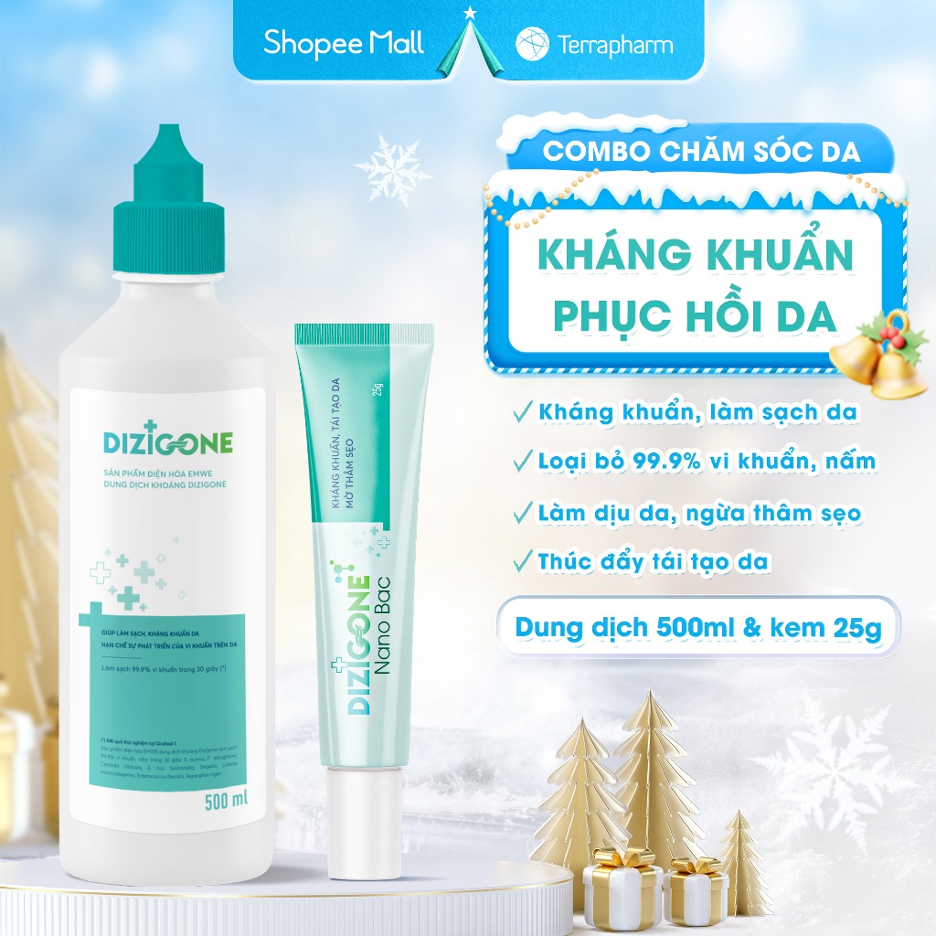 [COMBO] Dung dịch kháng khuẩn DIZIGONE 500ml & Kem DIZIGONE Nano Bạc 25g: Kháng khẩn, phục hồi da, m
