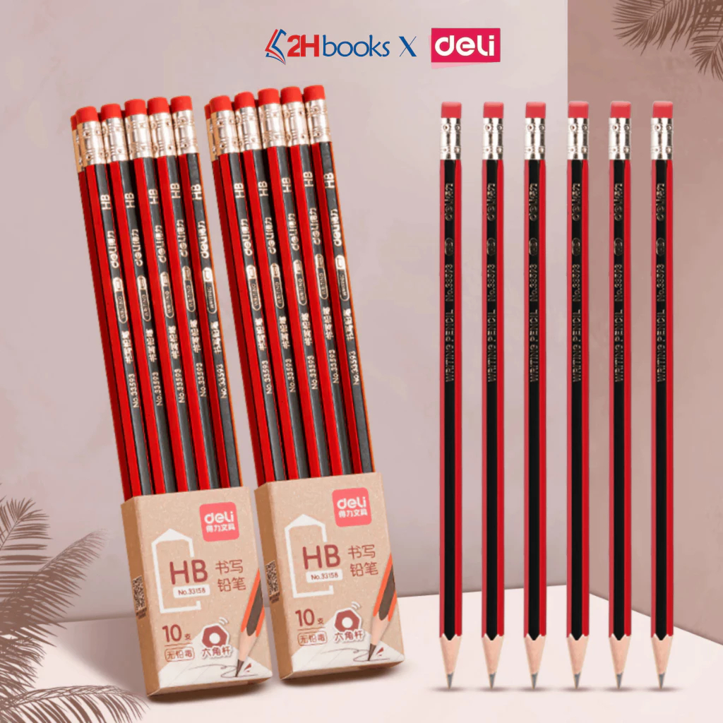 Vỉ 10 bút chì lục giác Deli 2B/HB kèm đầu tẩy, Bút chì gỗ, Bút chì 2B Bút chì HB Deli
