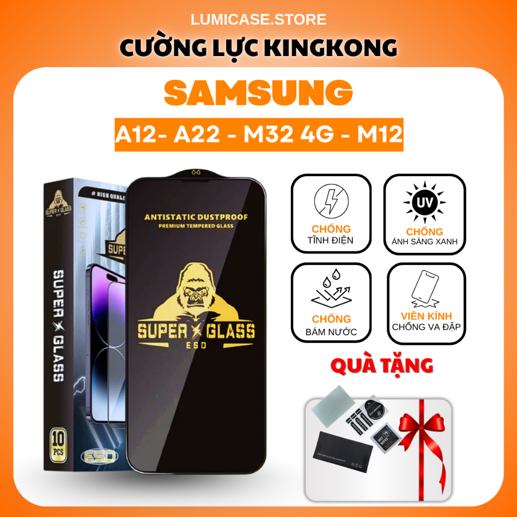 Kính cường lực Samsung A12, A22 4G, A22 5G, M32 4G, M12 KingKong cao cấp full màn hình, chống xước, 