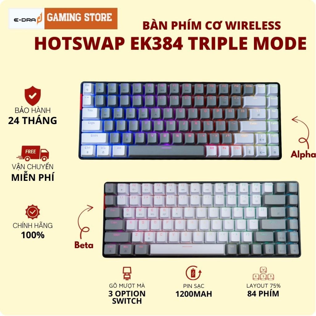 Bàn Phím Cơ Không Dây E-DRA EK384 Gaming 3 MODE, EK375V2 LED RGB BH Chính Hãng | BigBuy360 - bigbuy360.vn