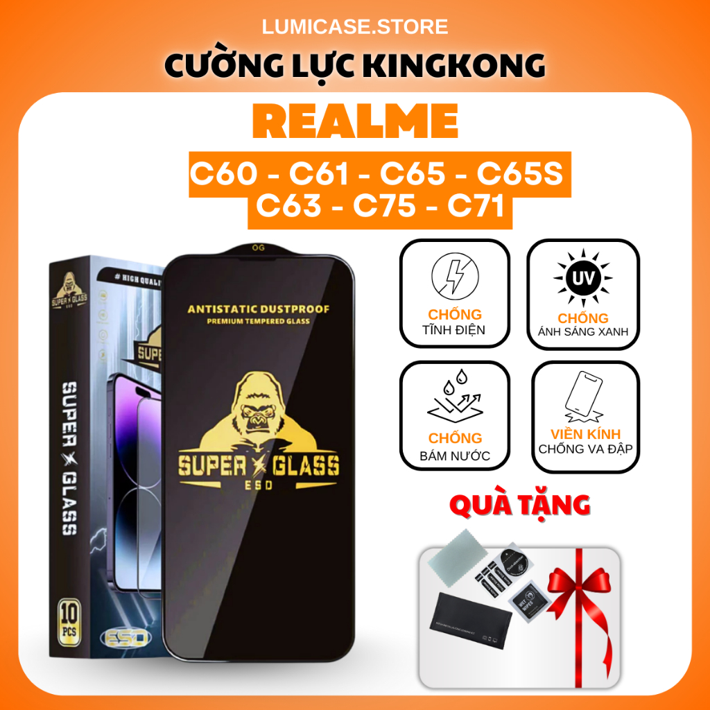 Kính cường lực Realme  C60, C61, C65, C65S, C63, C75, C71 KingKong cao cấp full màn hình, chống xước, chịu lực tốt