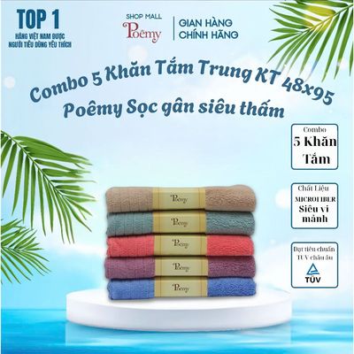 [CHÍNH HÃNG] Combo 5 Khăn Tắm Trung Cao Cấp Poêmy Sọc Gân KT 48x95cm Siêu Thấm Mềm Mịn