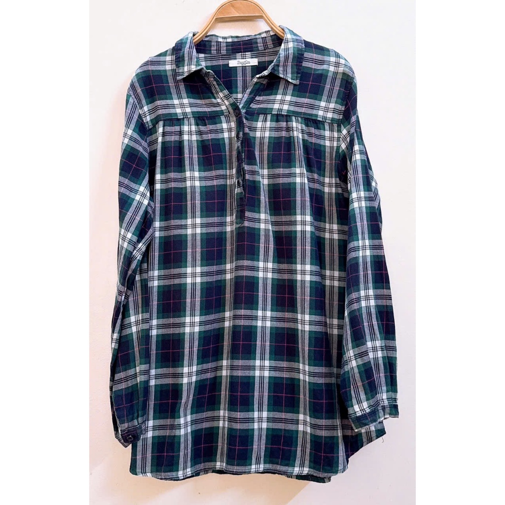 Áo sơ mi nữ họa tiết caro phom rộng dài của Nhật -2 Hand (Size L).Women's loose-fitting long checker