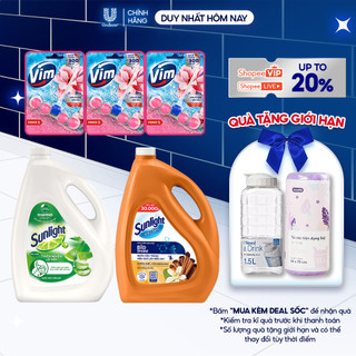  Combo Dọn dẹp Sạch bóng | Sunlight Rửa chén Lô Hội 3.5kg | Sunlight Lau sàn Quế cam 3.6kg | Viên treo Vim Mộc Lan 3x50g 