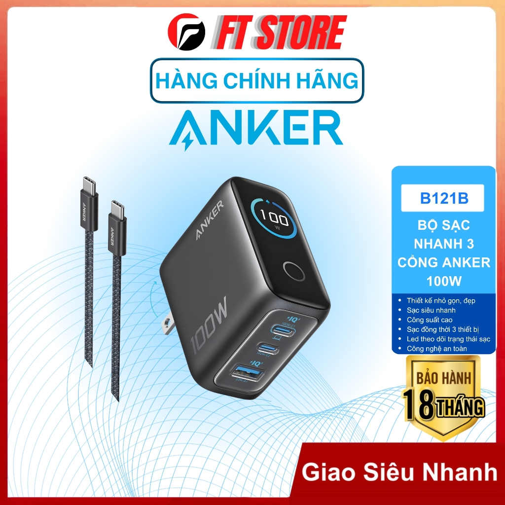 Bộ Sạc Nhanh Anker Zolo B121B 100W Nhỏ Gọn 3 Cổng 2C1A, Màn Hình Led, Tự Động Thích Ứng Thông Minh