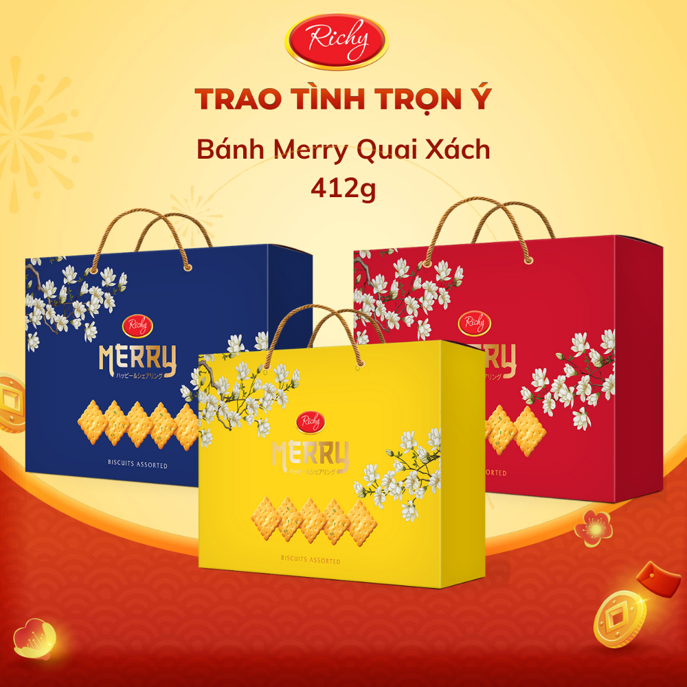 [TẾT 2026] Hộp Bánh Quy Richy Merry 412g - Có Quai Xách 3 Màu Xanh, Đỏ, Vàng