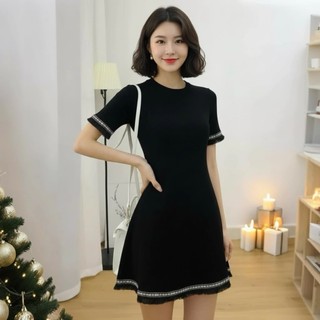 Đầm váy freesize cổ tròn basic viền thổ cẩm 2 màu