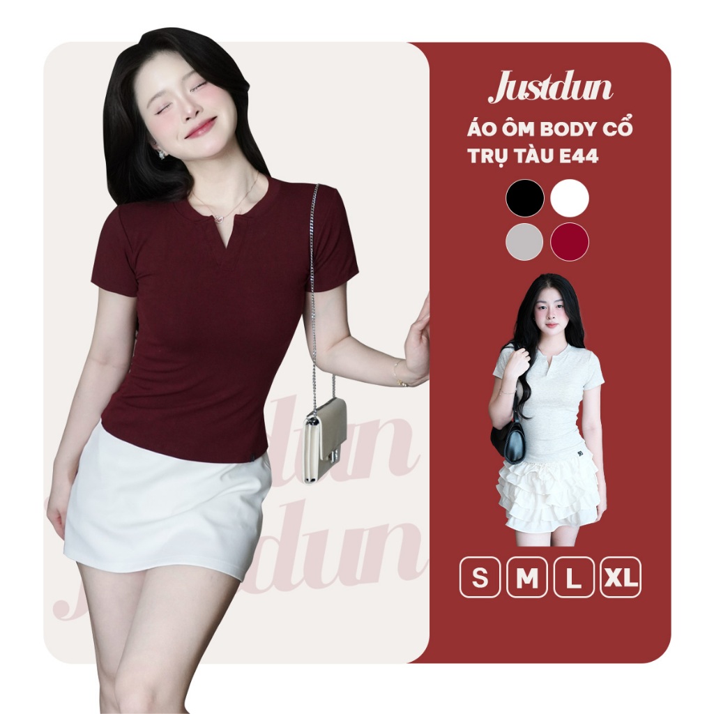 Áo Thun Nữ Ôm Body JUSTDUN E44 – Cổ Trụ Tàu Tay Ngắn, Vải Cotton Mềm Mịn Co Giãn 4 Chiều, Thoáng Mát