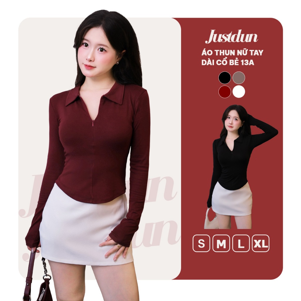 [Mở Bán] Áo Thun Nữ JUSTDUN 13A - Tay Dài, Ôm Body, Cổ Bẻ Phối Khóa Kéo, Dáng Vạt Bầu, Cotton Mịn