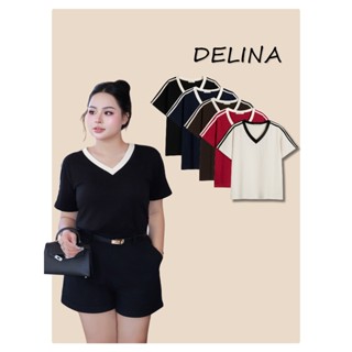  DELINA  - Áo thun baby tee cổ tim phối viền vai big size nữ 50-100kg chất liệu cotton 100% 250gsm trẻ trung 
