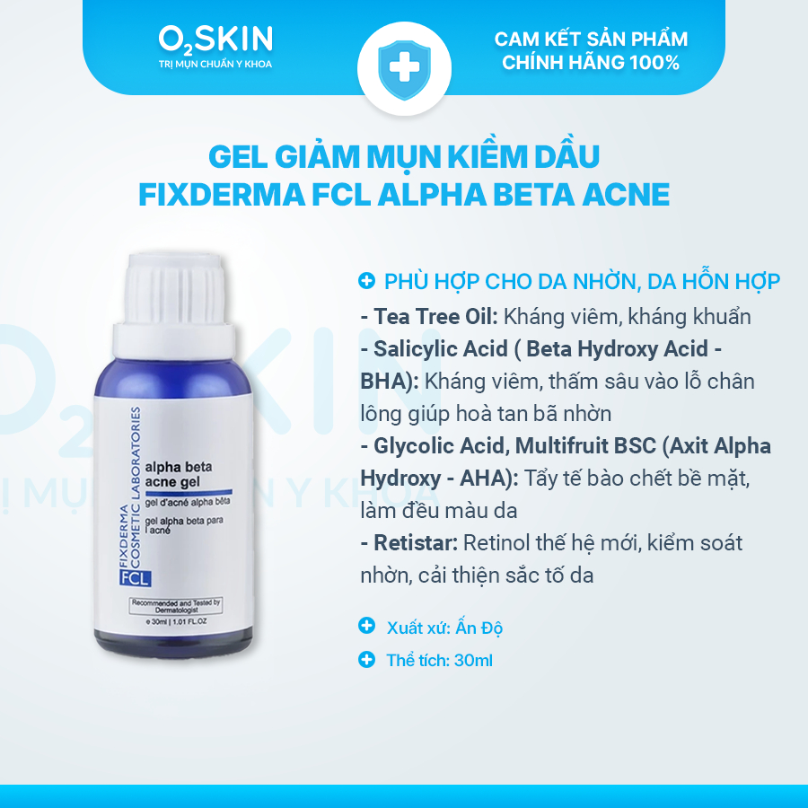 Gel giảm mụn Fixderma FCL Alpha Beta Acne 30ml - Hỗ trợ giảm sưng đỏ do mụn, kiểm soát bã nhờn