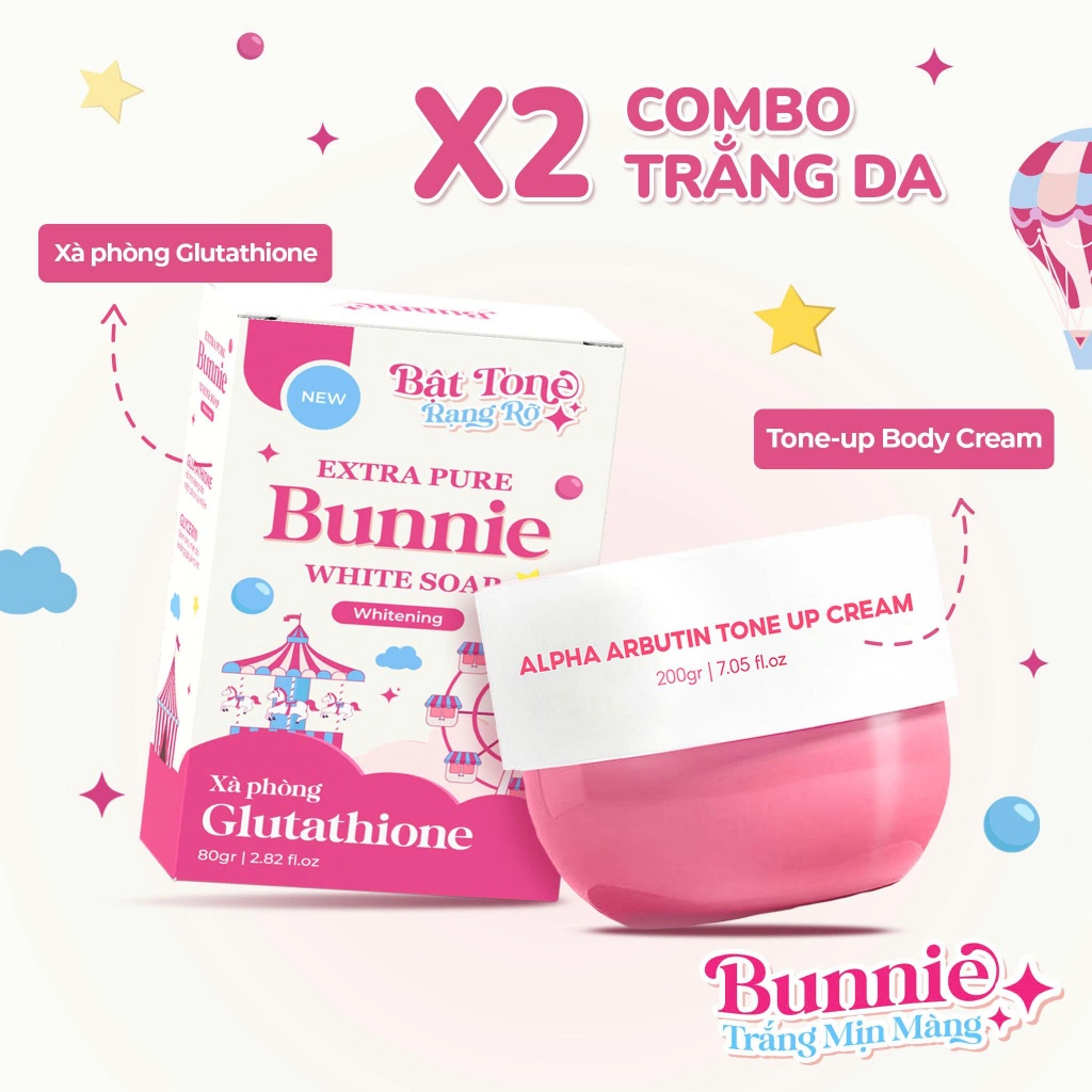 COMBO SÁNG DA Xà phòng Glutathione Bunnie 80g và Kem dưỡng Tone-up Body Cream Bunnie 200g hỗ trợ NÂNG TONE X2 toàn thân