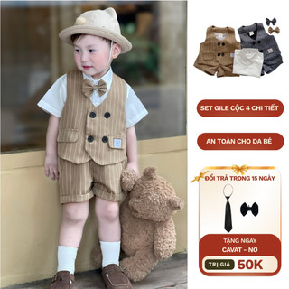  Bộ Gile Cộc Tay Bé Trai Fbaby Kẻ Sọc 4 Khuy Kèm Sơ Mi Và Nơ Vest Phong Cách Công Tử Hàn Quốc Dự Tiệc Đi Chơi Thôi Nôi 