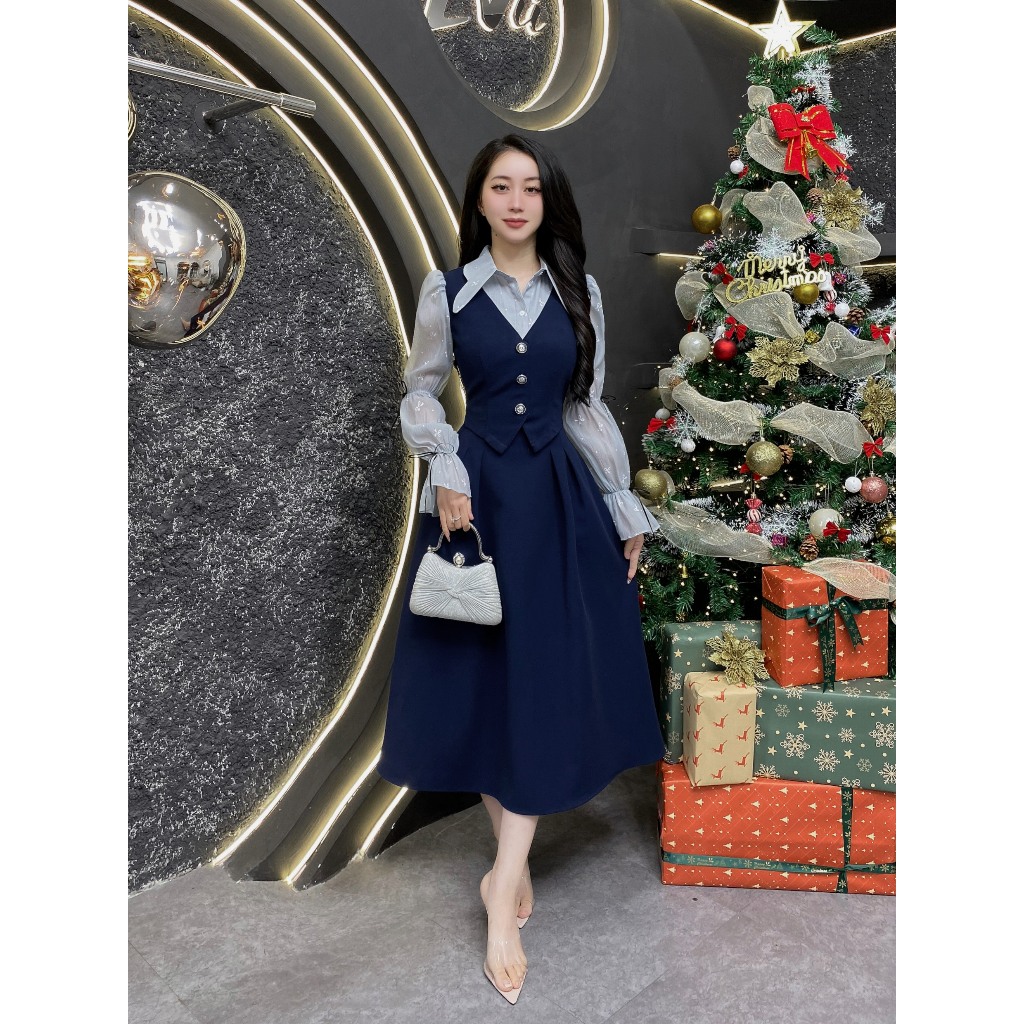 VK11 - Váy Thiết Kế Evii dành cho nữ, Đầm thiết kế liền thân cổ đức cách điệu, phối tơ họa tiết tay 