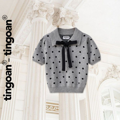 TINGOAN® - Áo dệt kim xám cổ bẻ phối dây nơ cổ chấm bi đen YURI DOTS/GR
