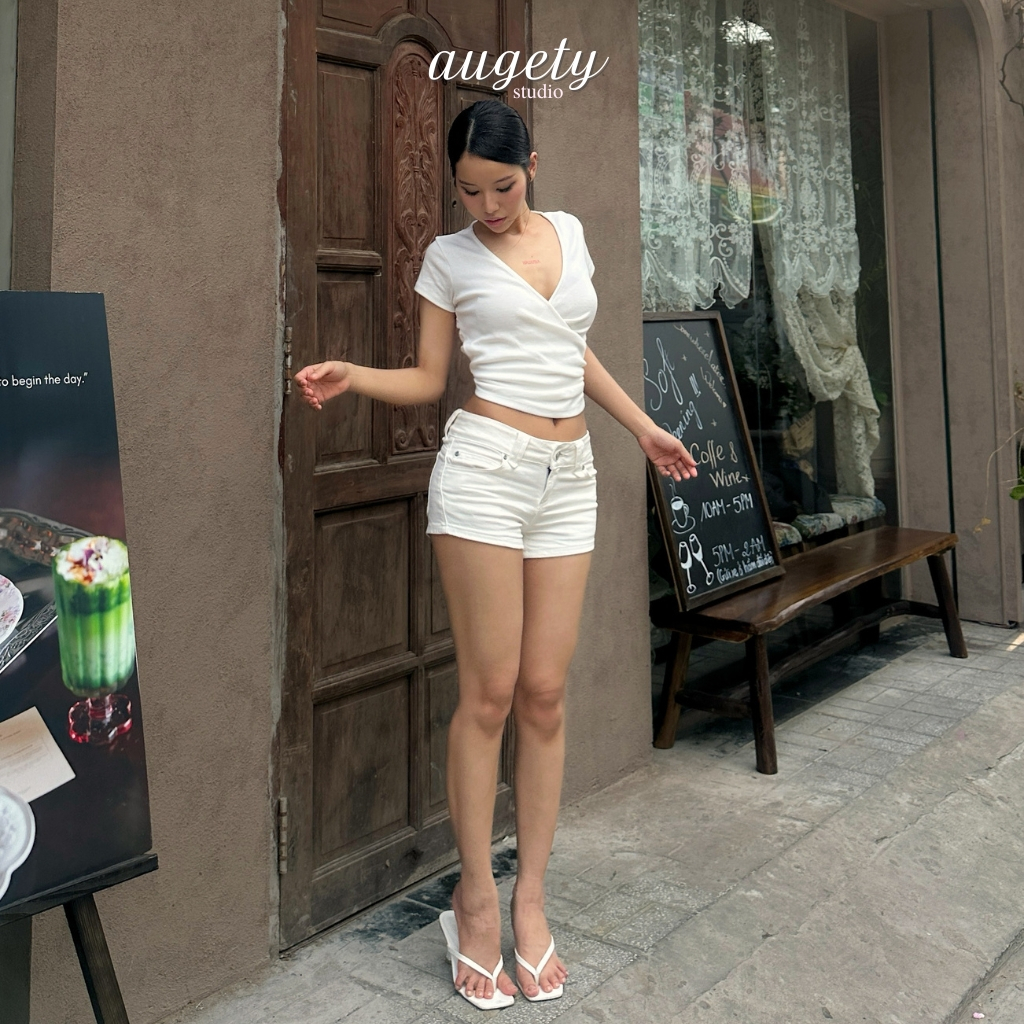 Áo Thun Nữ Cổ Tim Khoét Vạt Đắp Chéo Nhún Chiết Eo Thun Gân Mềm Mịn Augety Studio, VEE TOP | BigBuy360 - bigbuy360.vn