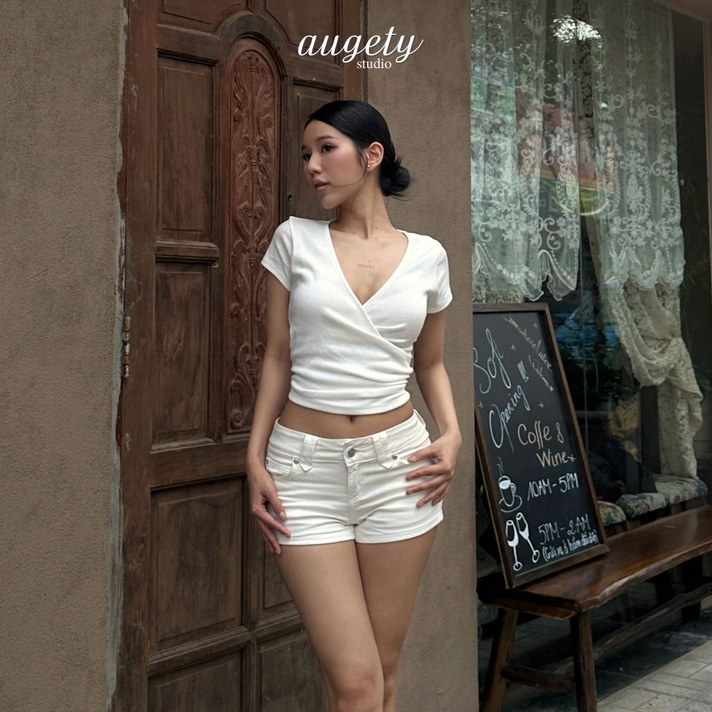 Áo Thun Nữ Cổ Tim Khoét Vạt Đắp Chéo Nhún Chiết Eo Thun Gân Mềm Mịn Augety Studio, VEE TOP | BigBuy360 - bigbuy360.vn