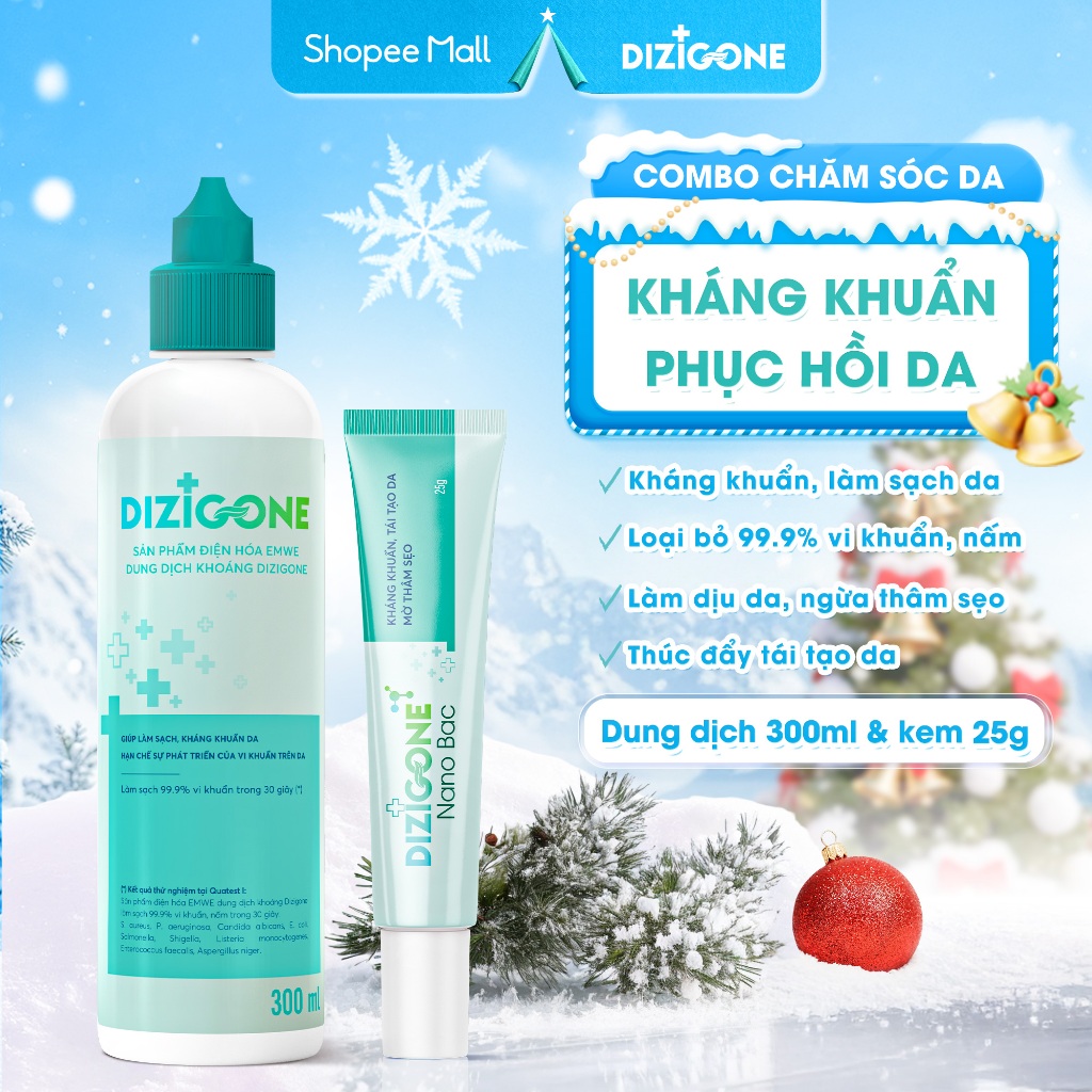 [COMBO] Dung dịch kháng khuẩn DIZIGONE 300ml & Kem DIZIGONE Nano Bạc 25g: Làm sạch dịu, phục hồi da,
