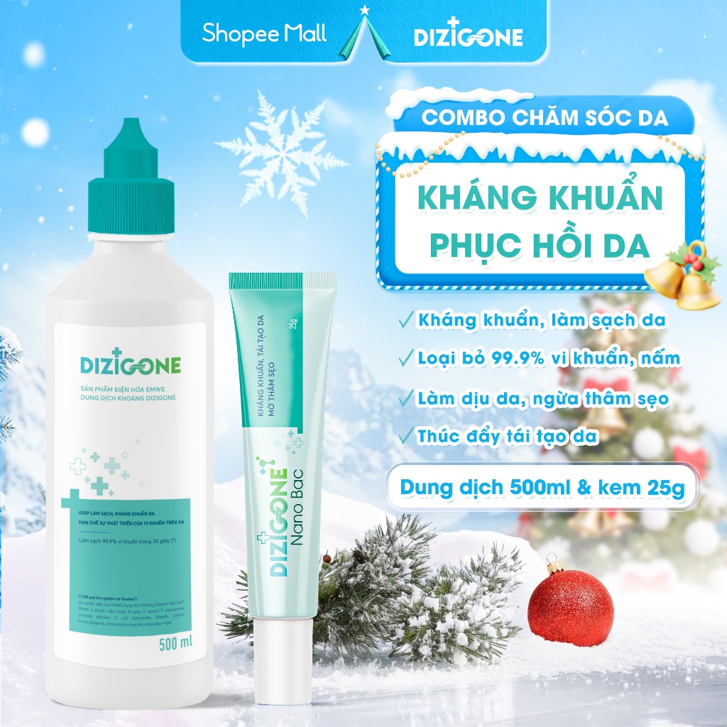 [COMBO] Dung dịch kháng khuẩn DIZIGONE 500ml & Kem DIZIGONE Nano Bạc 25g: Làm sạch dịu, phục hồi da,