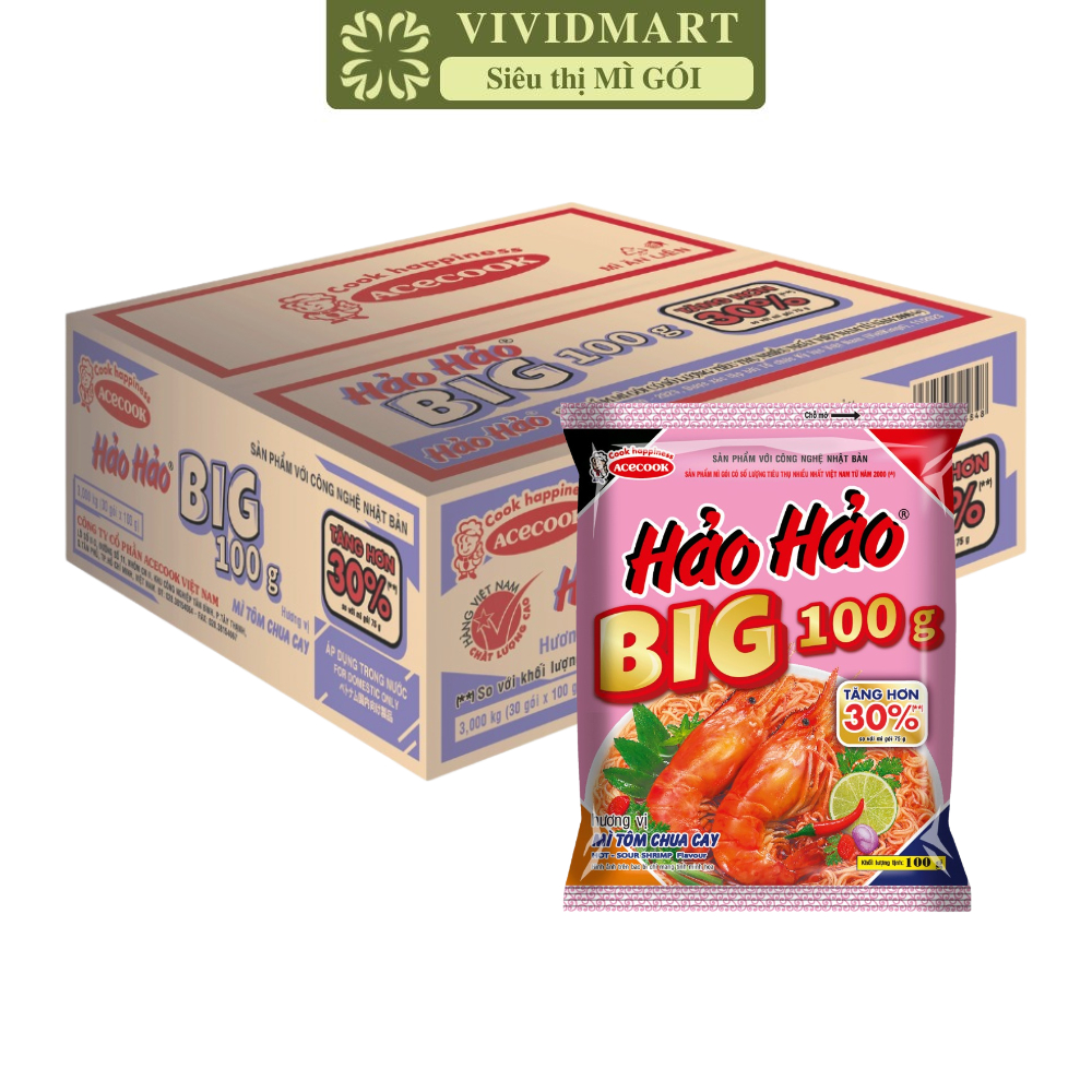 [THÙNG30GÓI] - ACECOOK - Mì Hảo Hảo Big 100g Tôm Chua Cay, Mì Big 100 Hảo Hảo Tôm chua cay, Mì Hảo H