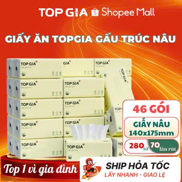 Giấy ăn gấu trúc Top Gia Khăn giấy rút bột tre thùng 30 46 gói giấy nâu tiện lợi, mềm min, an toàn