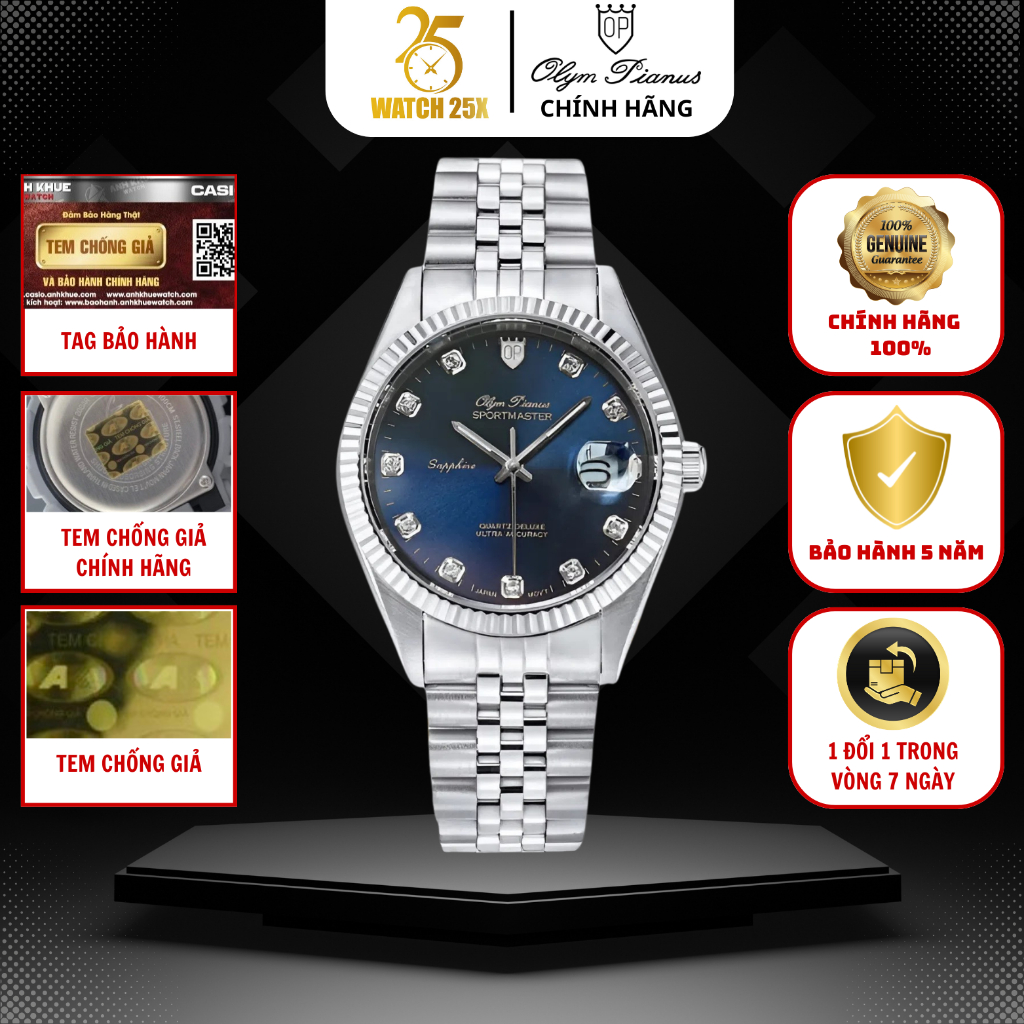 Đồng Hồ Nam Olym Pianus OP89322GS-X Watch25x Dây Demi Vàng Máy Quartz Nhật Độ Chính Xác Cao Kính Sap