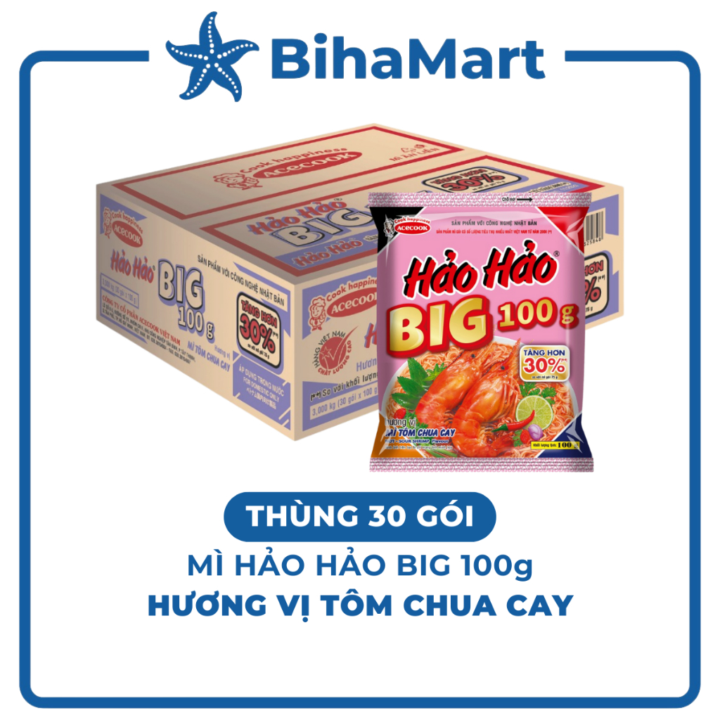 [THÙNG30GÓI] - ACECOOK - Mì Hảo Hảo Big 100g Tôm Chua Cay, Mì Big 100 Hảo Hảo Tôm chua cay, Mì Hảo H