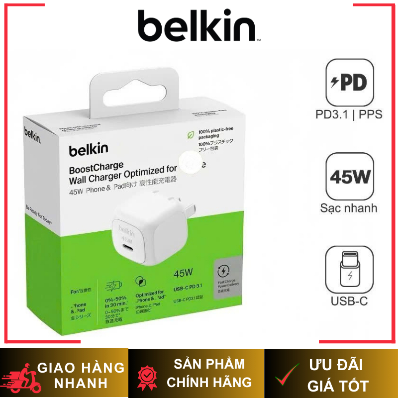 Củ 45W Sạc Nhanh Belkin USB-C PD PPS Cubic Wall Charger Nhỏ Gọn An Toàn Chuẩn Sạc Nhanh Chính Hãng