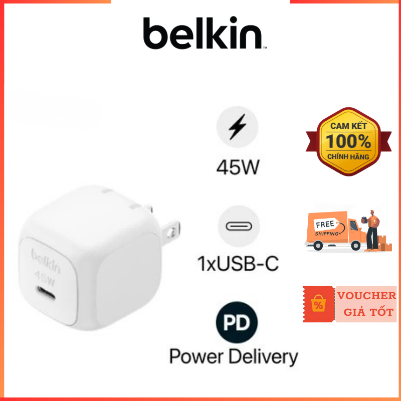 Củ Sạc Belkin USB-C PD PPS Nhanh 45W Nhỏ Gọn An Toàn Chuẩn Sạc Nhanh Chính Hãng