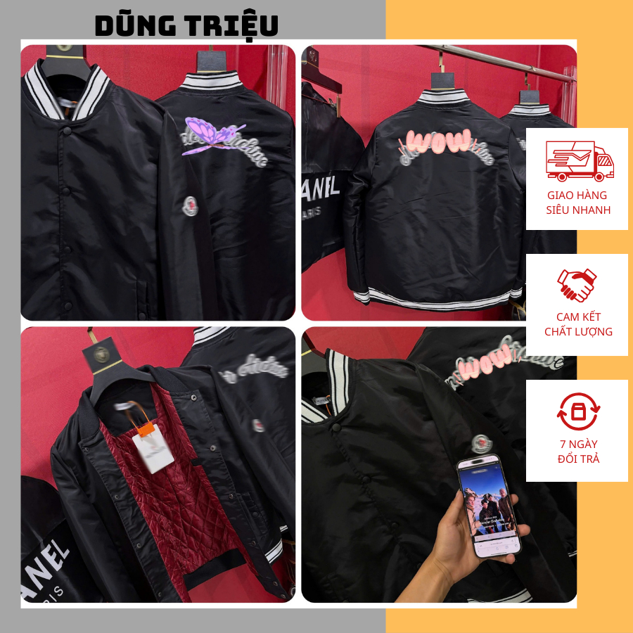 Áo Khoác Mon Trần Bông Phối Viền Cổ Trắng Cực Đẹp - Áo Bomber Nam Mon.Cle Thêu Chữ Sau Lưng Cực Hot