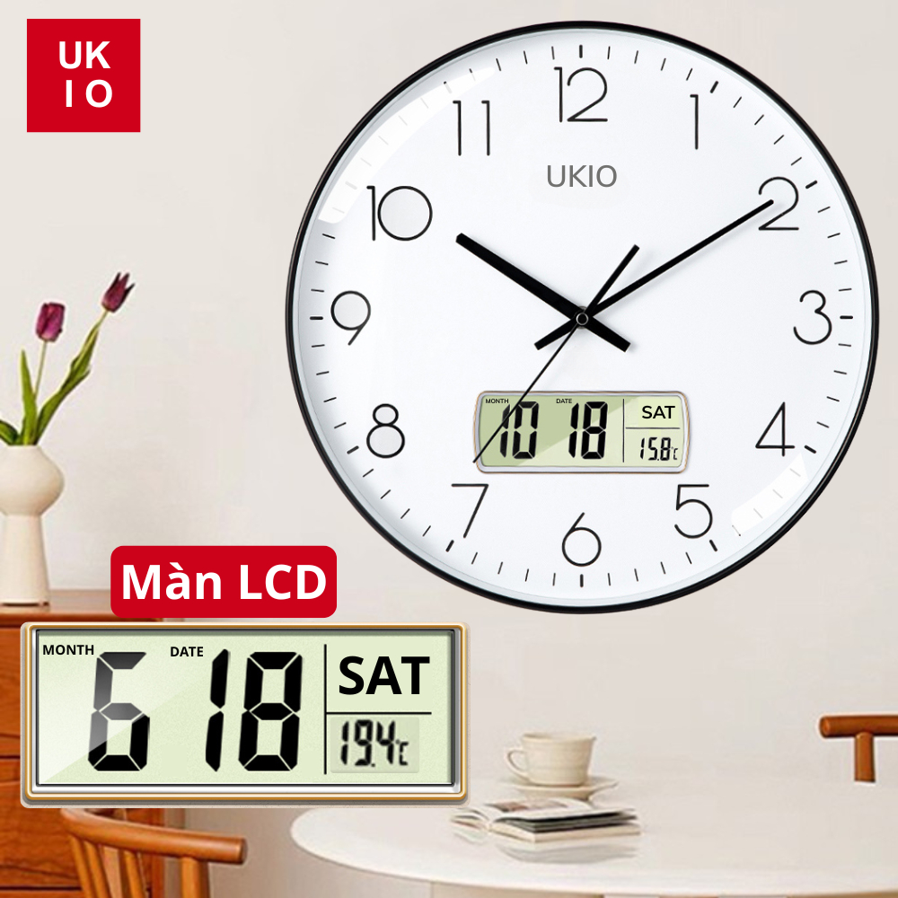 Đồng Hồ Treo Tường Kim Trôi UKIO, Màn Hình LCD Hiển Thị Thứ, Ngày, Tháng, Năm và Nhiệt Độ