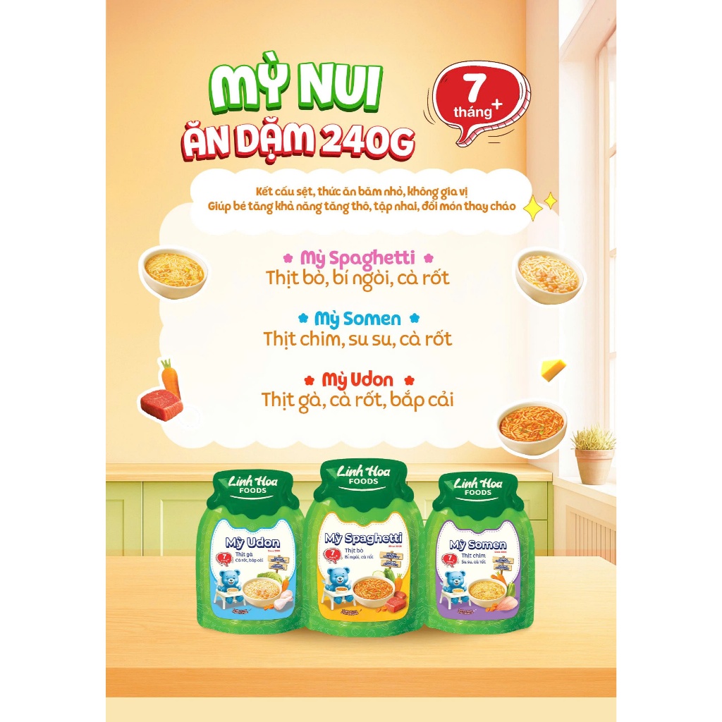 Mì somen Thịt chim, Mì udon Thịt gà, Mì spaghetti Thịt bò 240g Linh Hoa Foods 7m+ Ăn liền