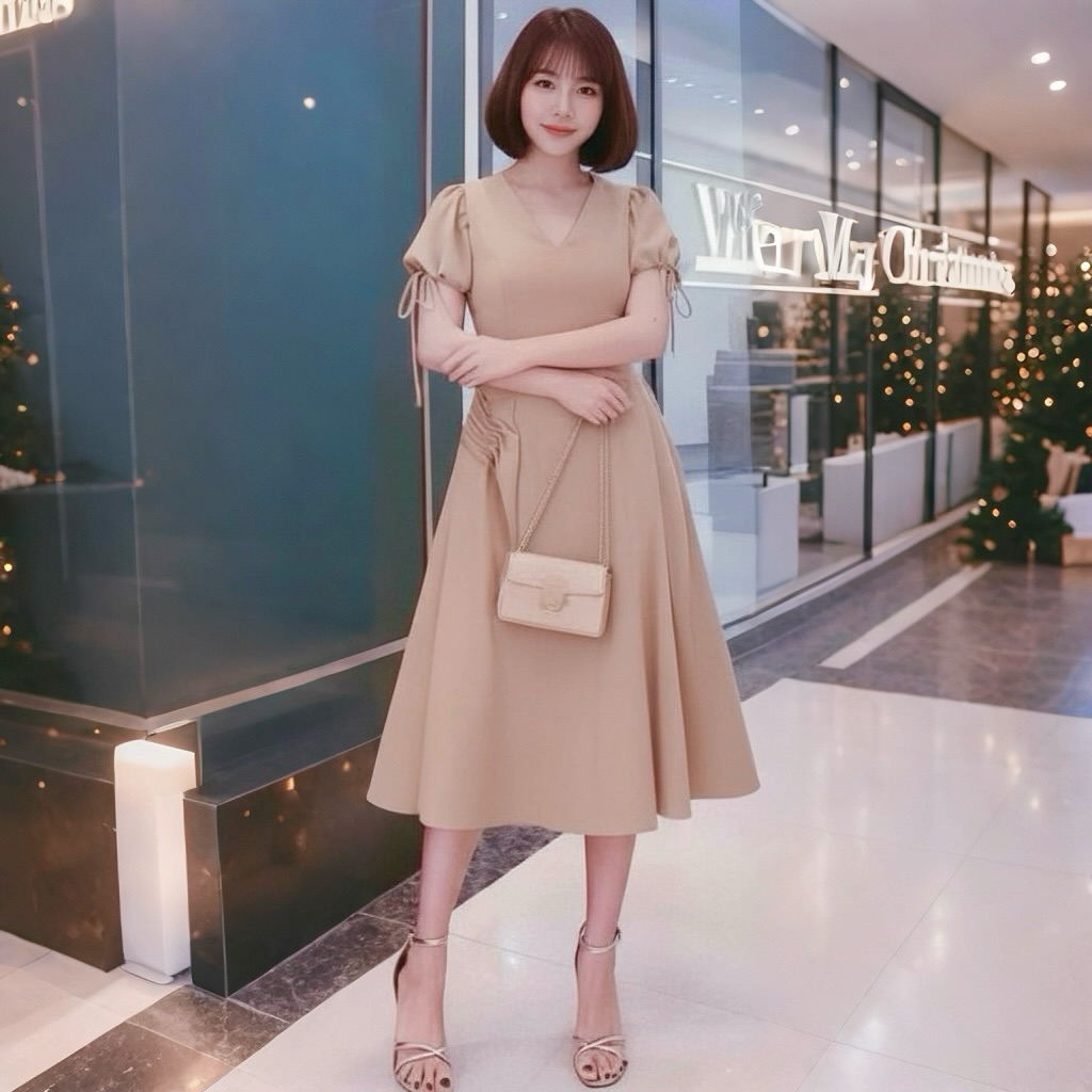 Đầm dự tiệc váy xoè xếp li eo 2 màu (kèm hình thật)