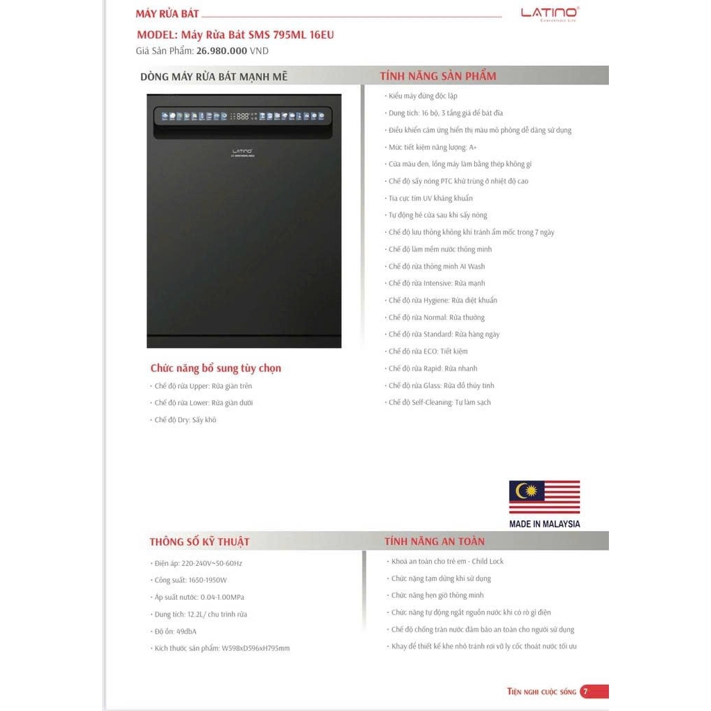Máy Rửa Bát Latino LT SMS795ML16EU | BigBuy360 - bigbuy360.vn