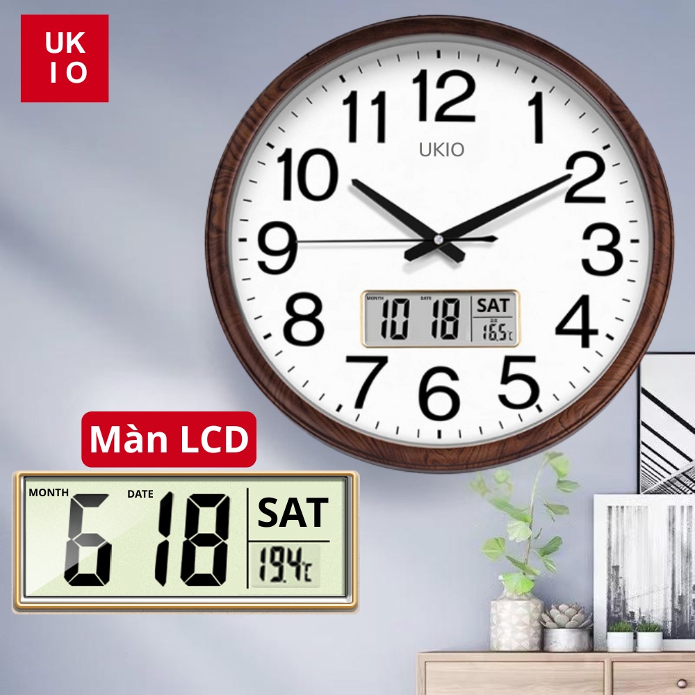 Đồng Hồ Treo Tường Kim Trôi UKIO Viền Vân Gỗ , Màn LCD Hiện Đầy Đủ Thông Số, Không Gây Tiếng Ồn