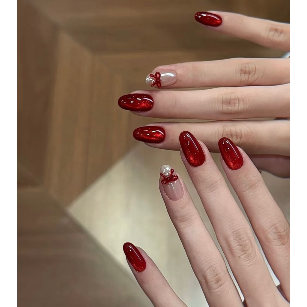 NAILBOX MẮT MÈO ĐỎ 1 NGÓN THẠCH NÂU TRÁNG GƯƠNG ĐÍNH CHARM NƠ (K163)