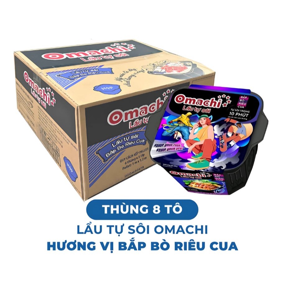 [OMACHI] Thùng 8 Hộp Lẩu Ăn Liền Tự Sôi Bắp Bò Riêu Cua Ăn Liền Omachi - Tự Sôi Trong 10 Phút