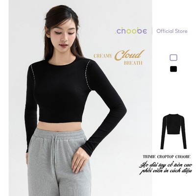 [ MỞ BÁN ] Áo thun nữ croptop dài tay Trimie Choobe cổ tròn phối viền in phông ôm body cotton co giãn A90