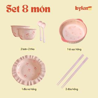  Combo bát đĩa nơ trắng hồng gốm sứ ăn cơm gia đình Tiệm Gốm Bylen 